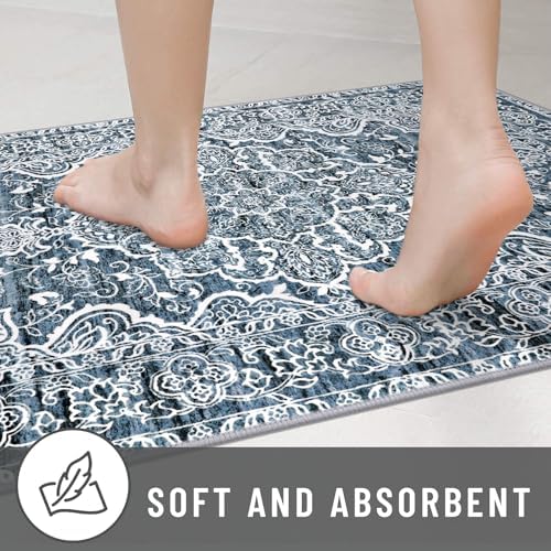 KUTA 3x5 Entryway Rug Washable Area Rugs Vintage Kitchen Rugs Blue White