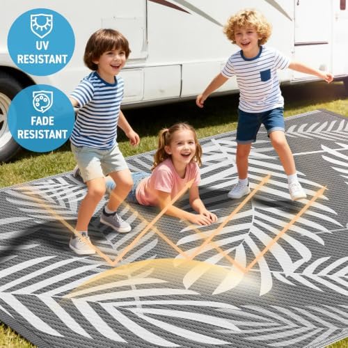 Kohree Outdoor Rug, Leaf, 8x10, Grey & White