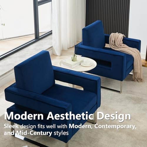 Velvet Accent Chair, Modern Armchair with Silver Base, Blue