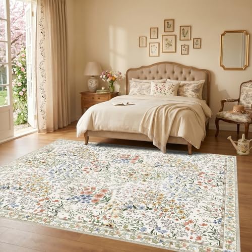 Vintage Botanical Floral Rug 8x10: Cottage Area Rug - Machine Washable Non Sl...