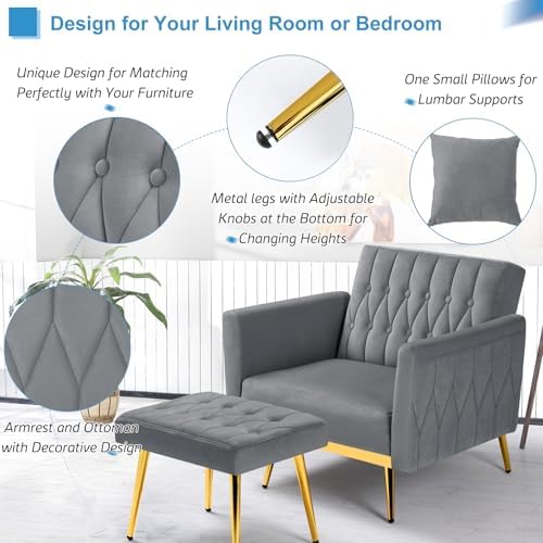 Velvet Accent Chair w/Ottoman & Adjustable Backrest, Grey