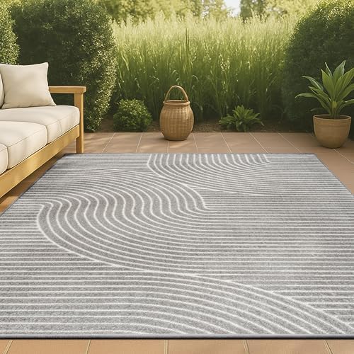 JONATHAN Y Hallie High-Low Curve Gray/Ivory Indoor/Outdoor Area Rug, 6x9, Min...