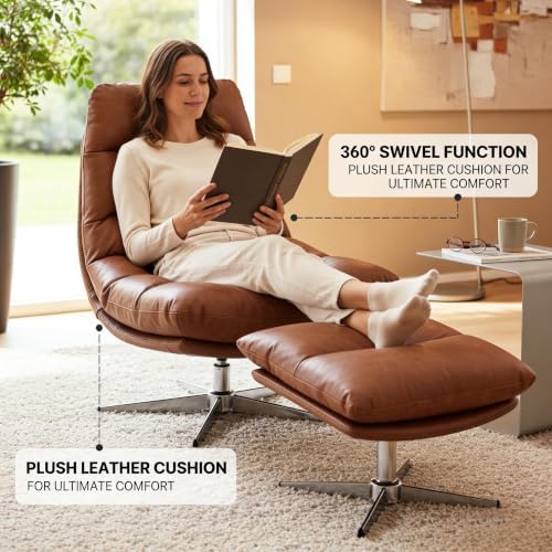 HNY Brown Swivel Lounge Chair with Ottoman Modern PU Leather Accent Chair wit...