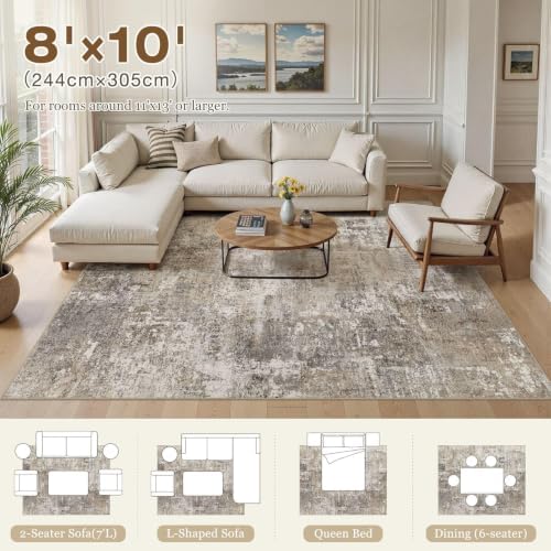8x10 Area Rugs Living Room: Abstract Washable Rug Brown Grey