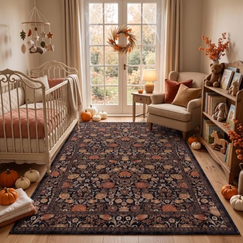 GarveeHome Dark Brown Floral Washable Rug 5x7 for Bedroom Living Room