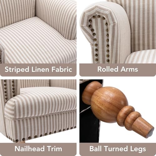 Khaki Striped Linen Fabric Accent Chairs Set of 2, Modern Farmhouse Upholster...
