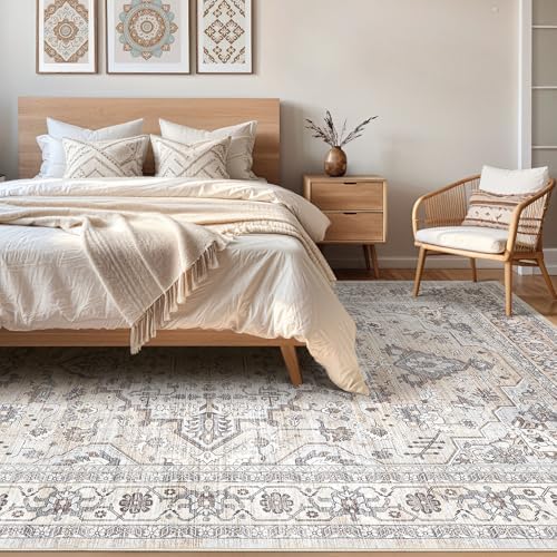 LOONGRUG 8x10 Area Rugs Washable Vintage Boho Living Room Rug Ivory Gray