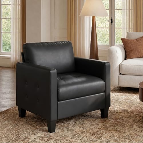 STHOUYN Black Comfy Accent Chair, Faux Leather Living Room Chair