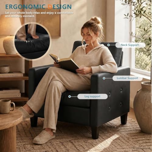 STHOUYN Black Comfy Accent Chair, Faux Leather Living Room Chair