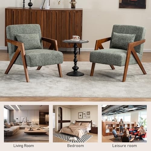 Mid-Century Modern Accent Chair with Solid Wood Frame,Upholstered Chenille Li...