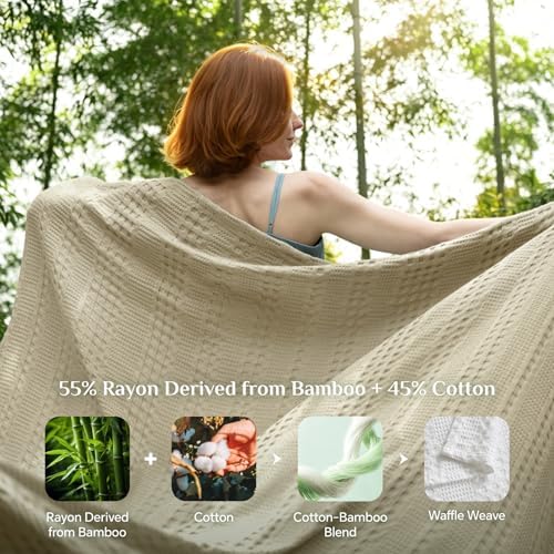 BEDELITE Linen Beige Cooling Waffle Blanket Queen Size for Bed, 90x90 Inch
