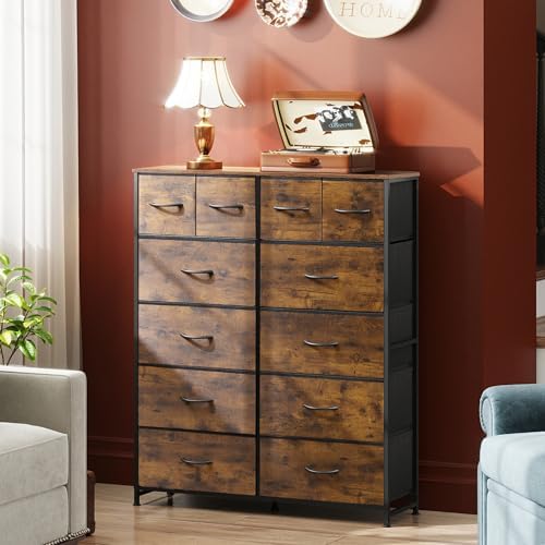 WLIVE 12 Drawer Tall Fabric Dresser Bedroom Storage Chest, Rustic Brown