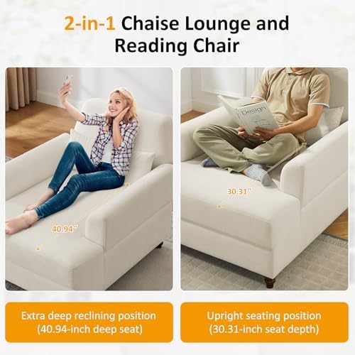 Oversized Chaise Lounge Chair with Adjustable Backrest, Polyester White