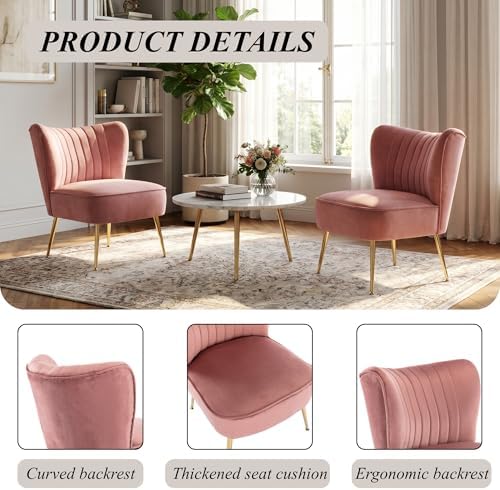 Velvet Accent Chairs Set of 2 Comfy Living Room Chair Armless Slipper Chair M...