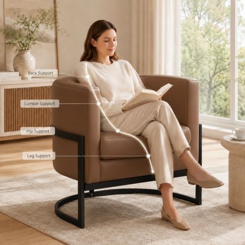 Alunaune Upholstered Modern Living Room Chairs Barrel Accent Chair, Faux Leat...