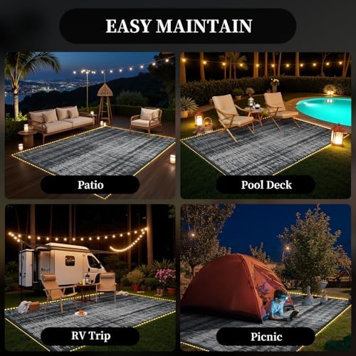 MontVoo Outdoor Rug Waterproof 6x9 ft with Strip Lights Outdoor Patio Rug Mat...
