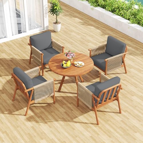 Tangkula Acacia Wood Patio Club Chair Set of 2, Boho Accent Chair with Woven ...