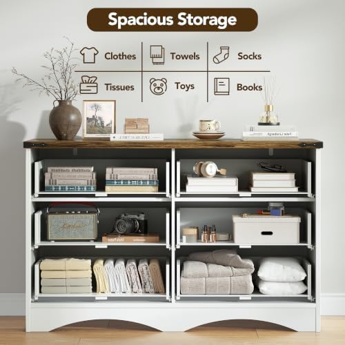 Decofy 47" Farmhouse 6-Drawer Dresser for Bedroom, Pure White + Walnut
