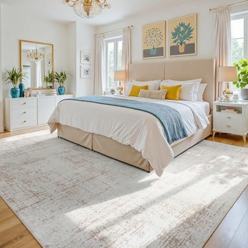 9x12 Washable Area Rug for Living Room Bedroom: Non-Slip Modern Beige White