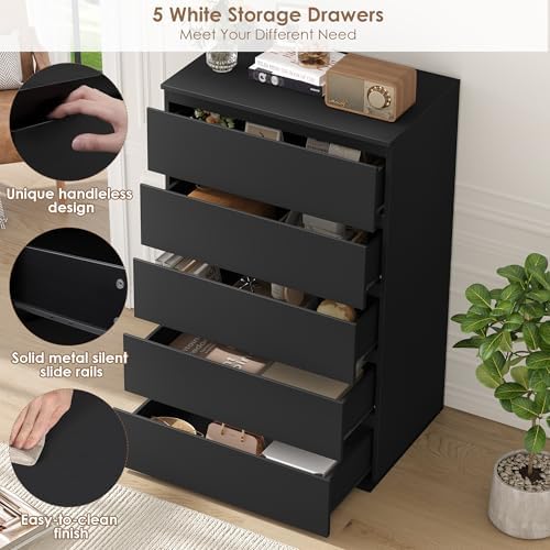 FOTOSOK Black Dresser, Dresser for Bedroom, 5 Drawer Chest of Drawers