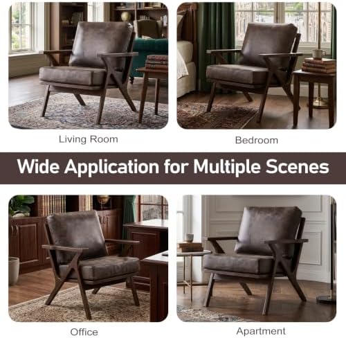 ANJ Faux Leather Accent Chair with Overstuffed Cushion, Mid-Century Modern Ar...