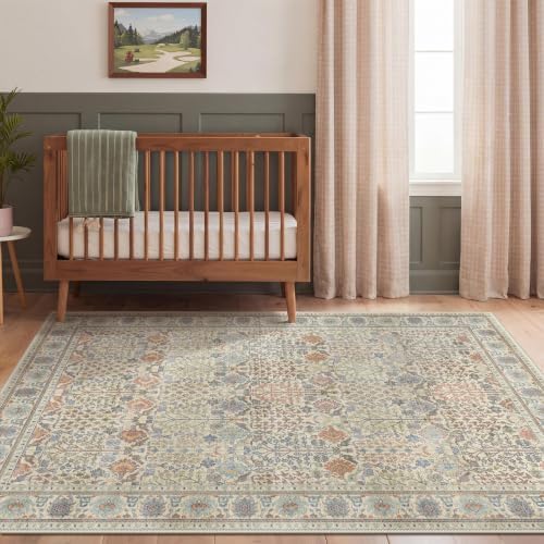 Bavni 9x12 Area Rug for Living Room, Washable Low Pile, Ivory Multicolor