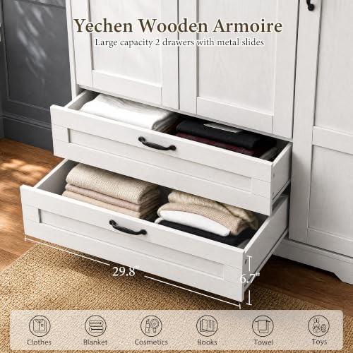 Yechen 3-Door Wooden Armoire Wardrobe Closet with Drawers and Shelves, Bedroo...