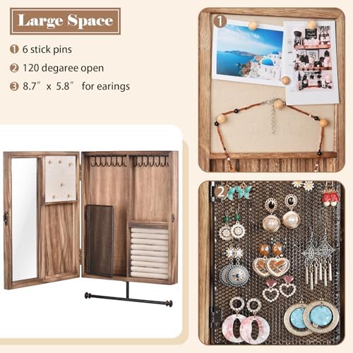 Keebofly Wall Mounted Jewelry Organizer Box Rustic Wood Large Space Jewelry C...
