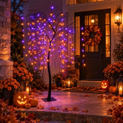 7 FT Halloween Lighted Willow Tree 256 LED Orange and Purple Lights Artificia...