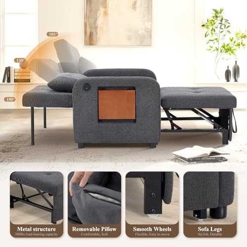 MALOL Convertible Chair-Fabric Sofa Bed, Single Sleeper Sofa, Dark Grey