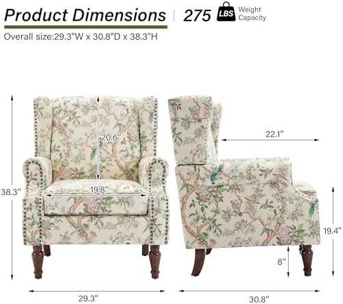 Floral Wingback Accent Chair with Wood Legs, Bird, Set of 1