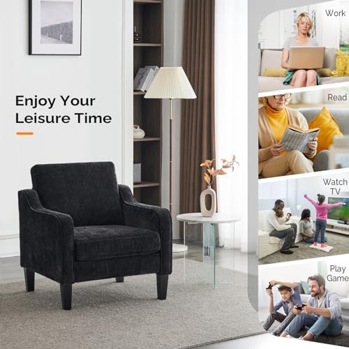 VINGLI Black Accent Chair, Chenille Upholstered Armchair for Living Room