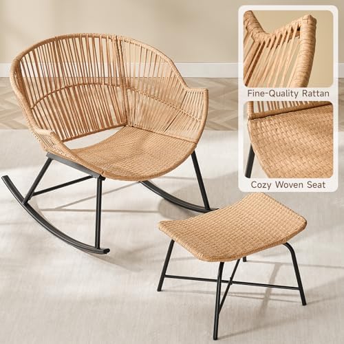 ONBRILL Papasan Rocking Chair with Ottoman, Oversized Papasan Chair, Beige