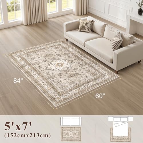 cotiled 5x7 Area Rug for Living Room, Washable, Traditional, Beige