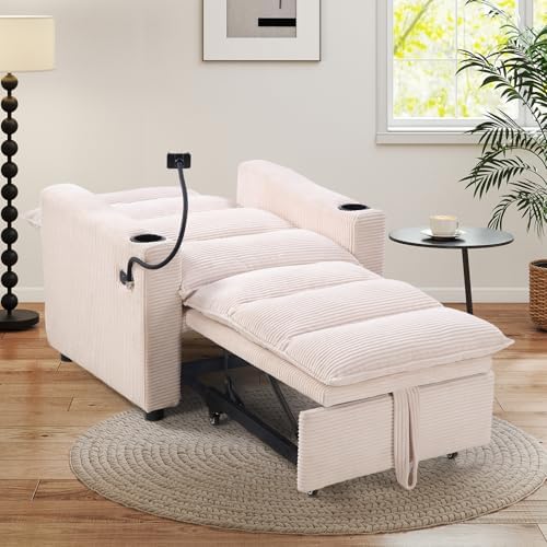 HAOMARKETS Corduroy Sleeper Sofa Bed with Cup Holders, 3-in-1 Convertible Pul...