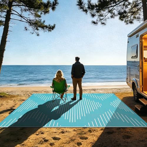 Garvee Waterproof Outdoor Rug 9x12 Plastic Reversible Rug Light Blue White