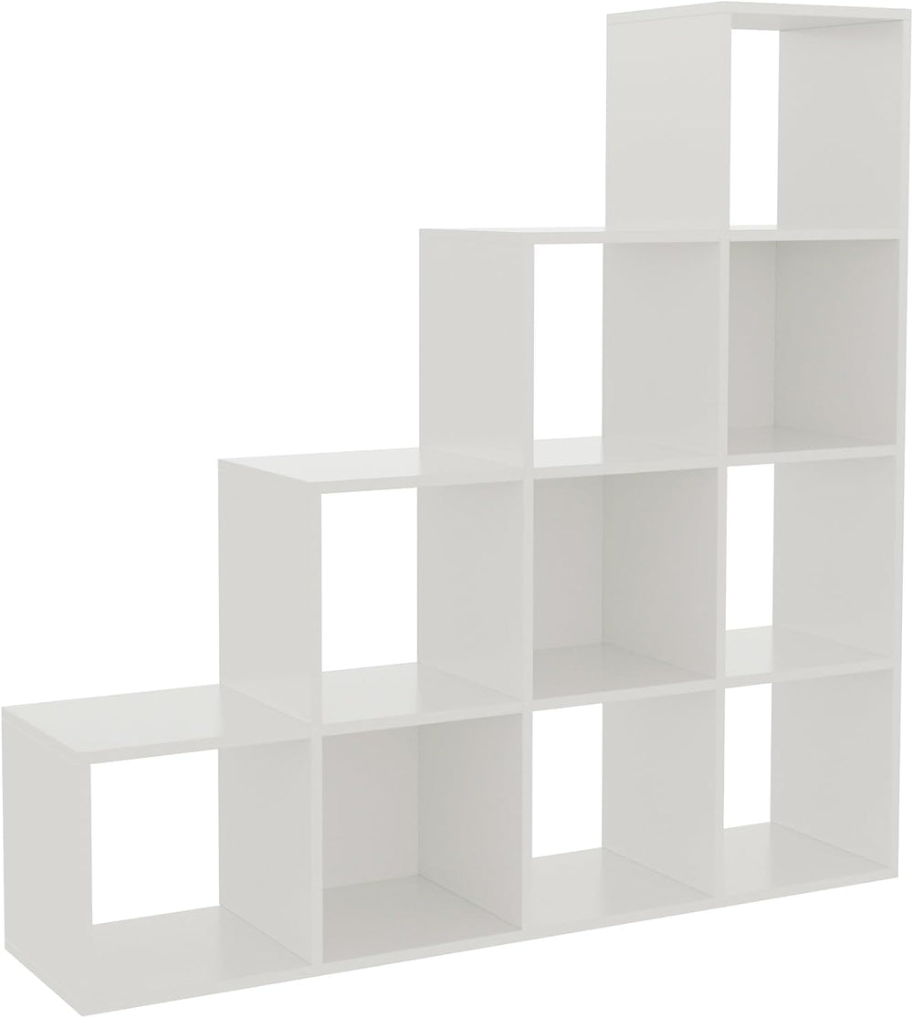 Ladder Cube Storage Bookcase - Wooden L-Shaped 4-Tier Corner Shelf, Reversibl...