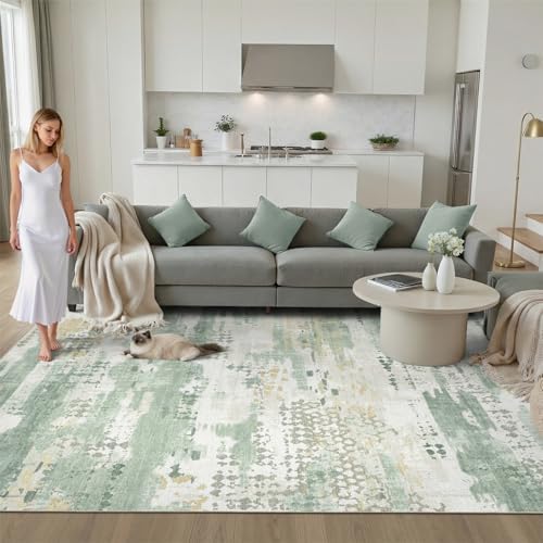 DCX 5x7 Area Rug Living Room: Washable Abstract Indoor Carpet Sage Green