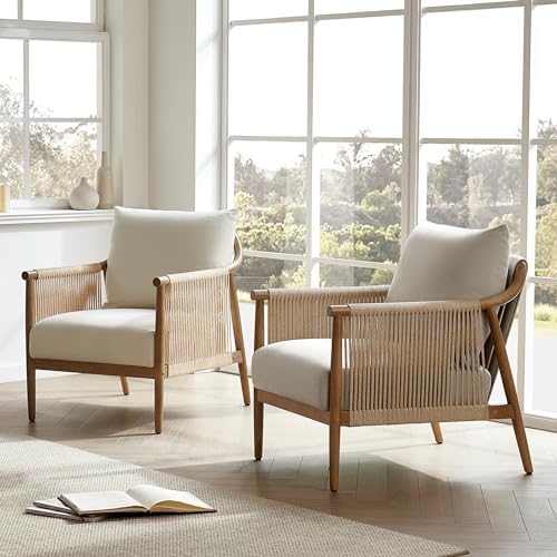 CHITA Braid Accent Chair with Wood Frame and Paper Cord Armrest, Cream