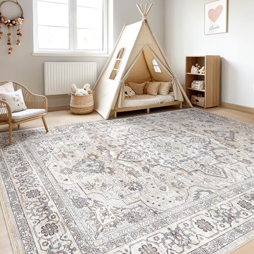 LOONGRUG 8x10 Area Rugs Washable Vintage Boho Living Room Rug Ivory Gray