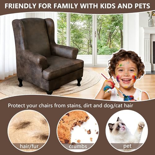 ANARACHON Leather Look Wingback Chair Covers, 2-Piece Wing Chair slipcover, S...