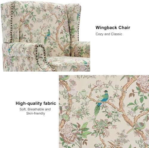 Floral Wingback Accent Chair with Wood Legs, Bird, Set of 1