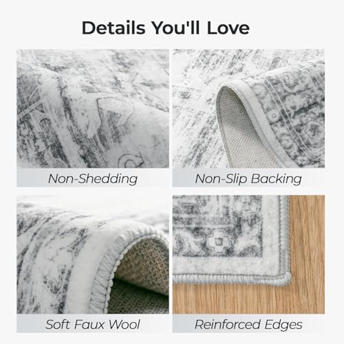 8x10 Area Rugs for Living Room, Washable Vintage Rug, Grey White