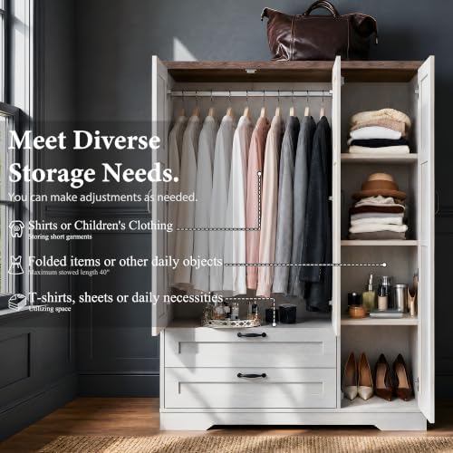 Yechen 3-Door Wooden Armoire Wardrobe Closet with Drawers and Shelves, Bedroo...