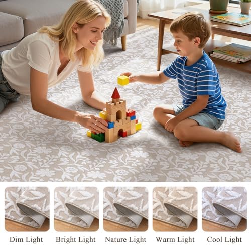 Vaukki 8x10 Area Rug for Living Room, Beige White Throw Carpet for Bedroom