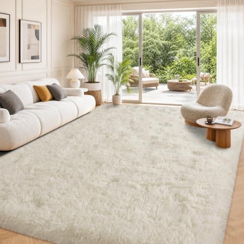 Large Cream White Rugs 8x10, Fluffy Shag Living Room Area Rugs