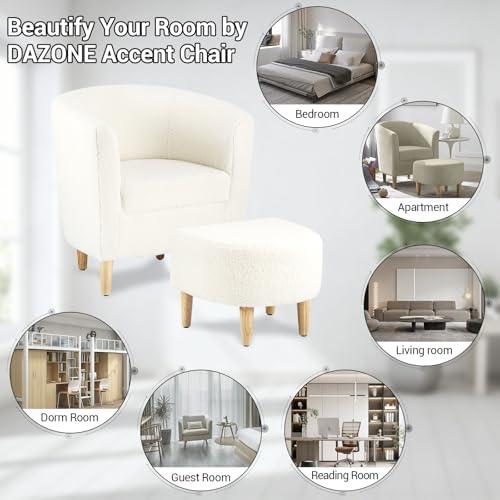 DAZONE Sherpa Accent Chair with Ottoman White Fluffy Teddy Barrel Armchair