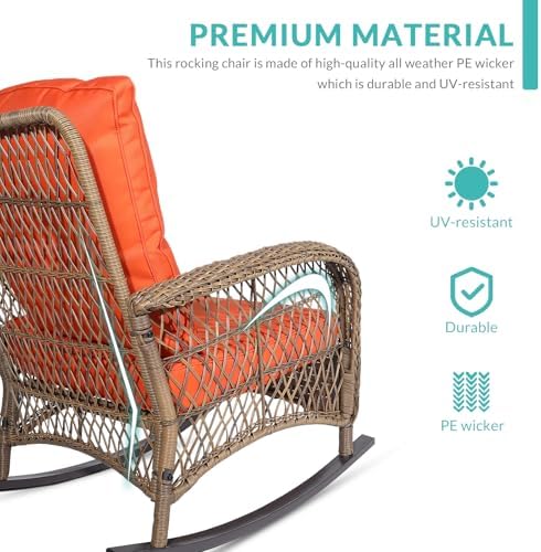 MEETWARM Outdoor Wicker Rocking Chair, Rattan Patio Rocker Chairs with Cushio...
