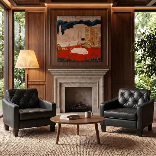 Black Accent Chairs Set 2, Faux Leather Armchair, Mid Century Modern Lobby
