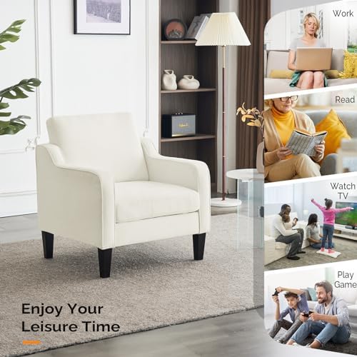 VINGLI Cream Accent Chair, Chenille Upholstered Armchair for Living Room